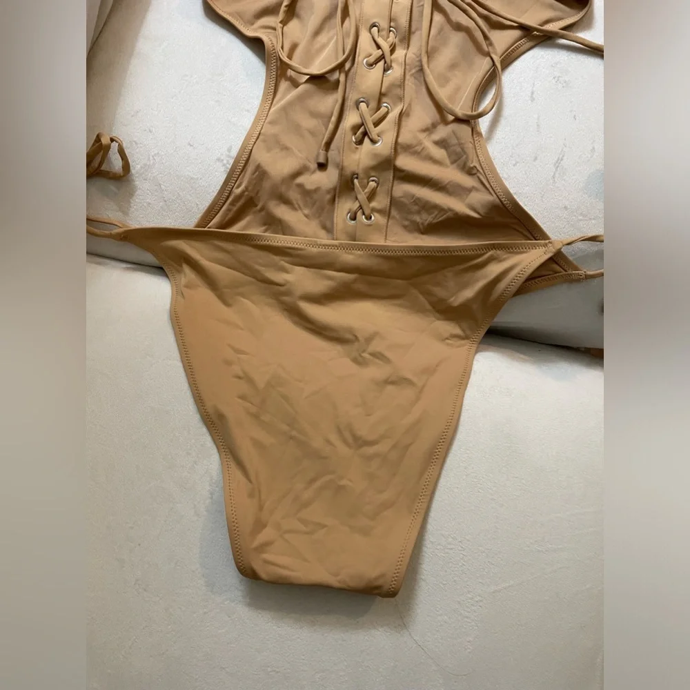 NWT SKIMS SWIM MONOKINI LACE UP SWIMSUIT IN Ochre 3X